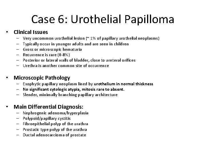Case 6: Urothelial Papilloma • Clinical Issues – – – Very uncommon urothelial lesion