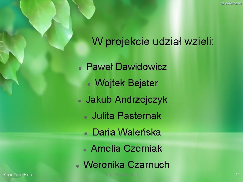 W projekcie udział wzieli: Paweł Dawidowicz Your Date Here Wojtek Bejster Jakub Andrzejczyk Julita