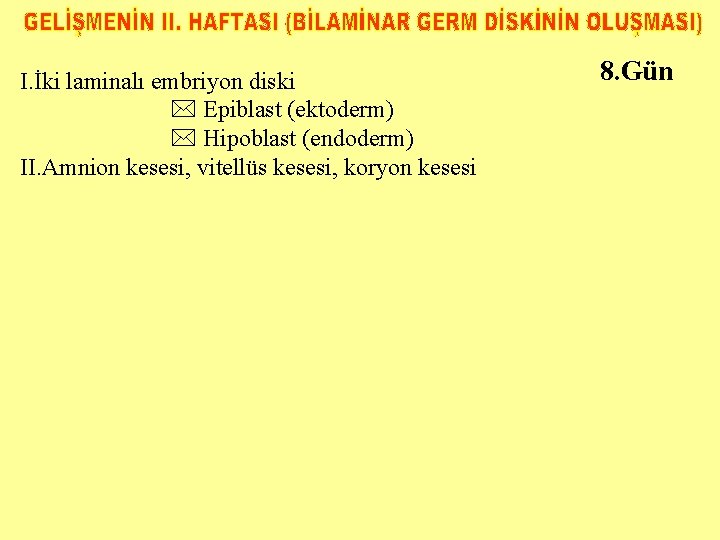 I. İki laminalı embriyon diski Epiblast (ektoderm) Hipoblast (endoderm) II. Amnion kesesi, vitellüs kesesi,