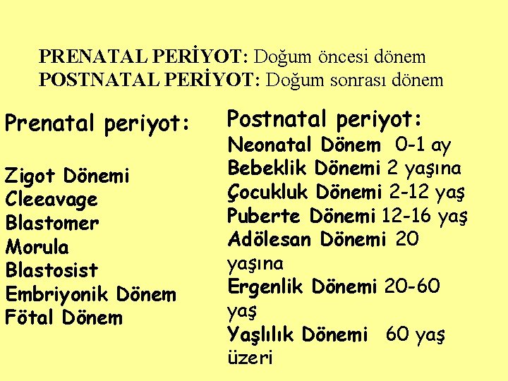 PRENATAL PERİYOT: Doğum öncesi dönem POSTNATAL PERİYOT: Doğum sonrası dönem Prenatal periyot: Zigot Dönemi