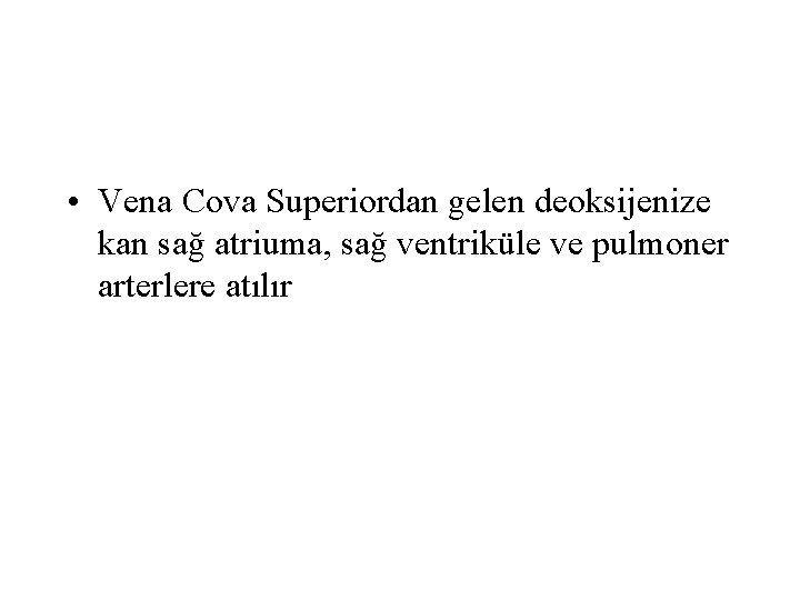  • Vena Cova Superiordan gelen deoksijenize kan sağ atriuma, sağ ventriküle ve pulmoner