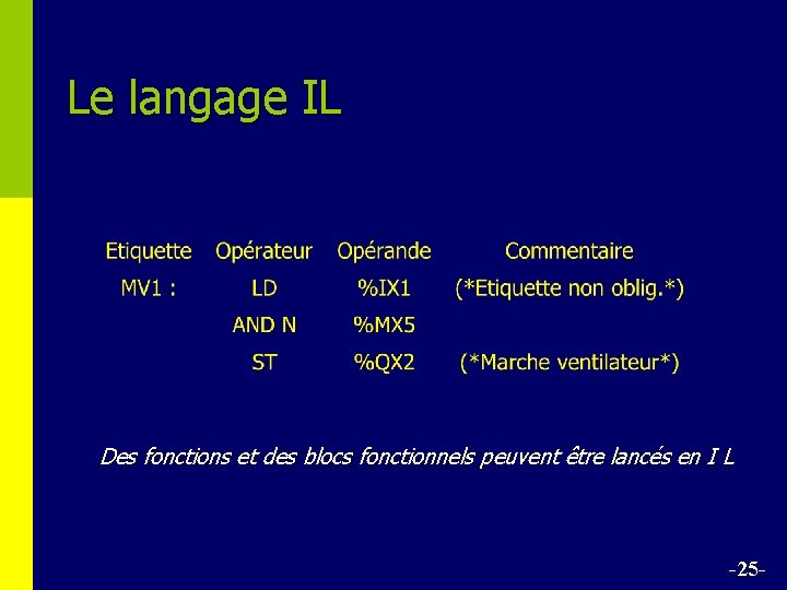 Le langage IL Des fonctions et des blocs fonctionnels peuvent être lancés en I