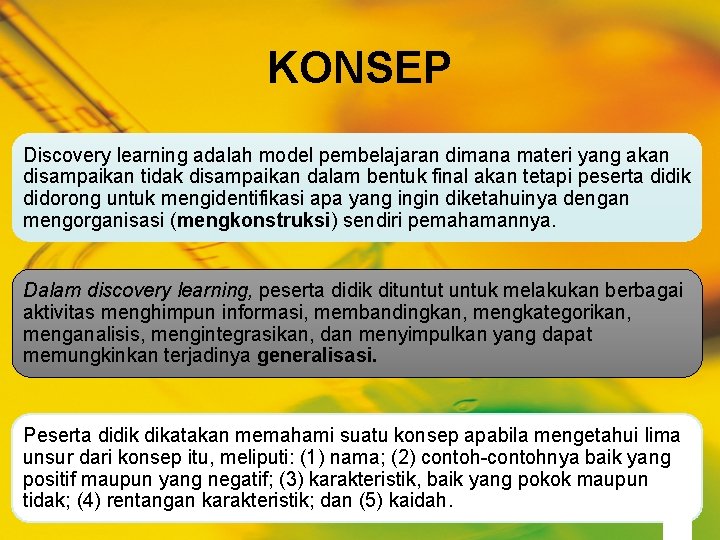 KONSEP Discovery learning adalah model pembelajaran dimana materi yang akan disampaikan tidak disampaikan dalam