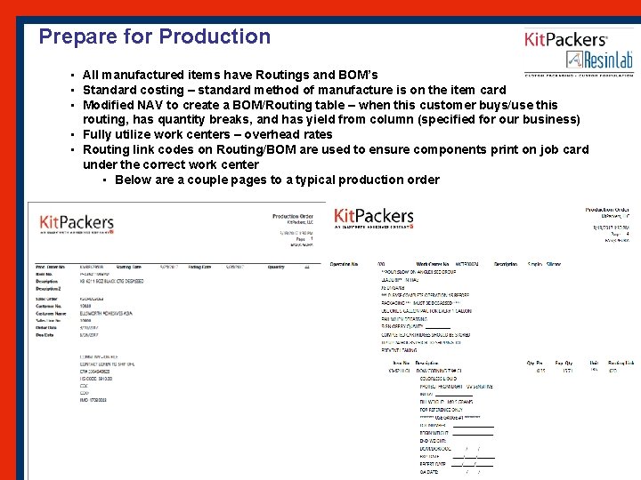 Prepare for Production • All manufactured items have Routings and BOM’s • Standard costing