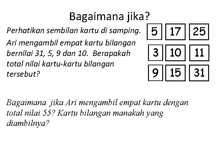 Bagaimana jika? Perhatikan sembilan kartu di samping. Ari mengambil empat kartu bilangan bernilai 31,