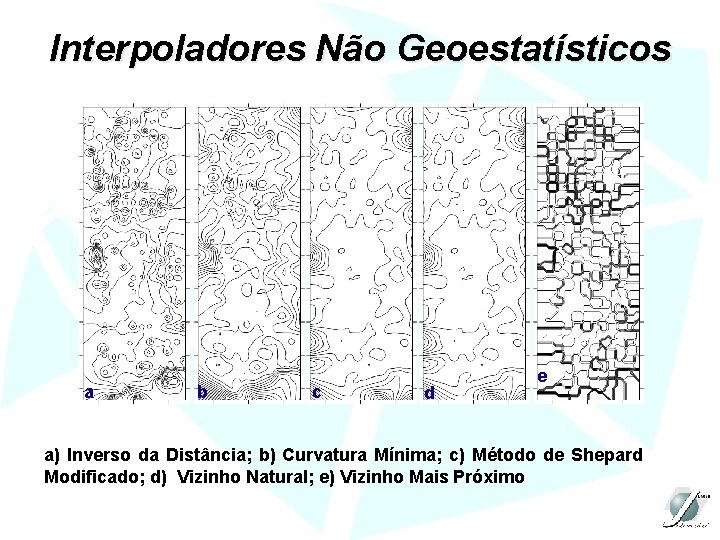 Interpoladores Não Geoestatísticos a b c d e a) Inverso da Distância; b) Curvatura