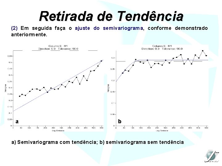 Retirada de Tendência (2) Em seguida faça o ajuste do semivariograma, conforme demonstrado anteriormente.
