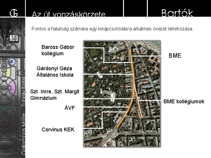 Az út vonzáskörzete Fontos a fiatalság számára egy kikapcsolódásra alkalmas övezet létrehozása. Baross Gábor