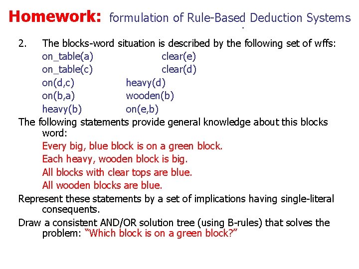 Homework: Rule-Based formulation. Deduction of Rule-Based Deduction Systems 2. The blocks-word situation is described