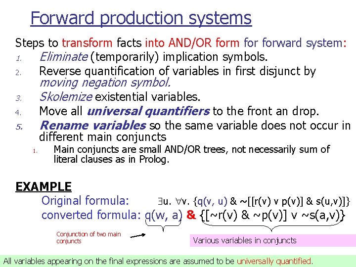 Rule-Based Deduction Systems Forward production systems Steps to transform facts into AND/OR form forward