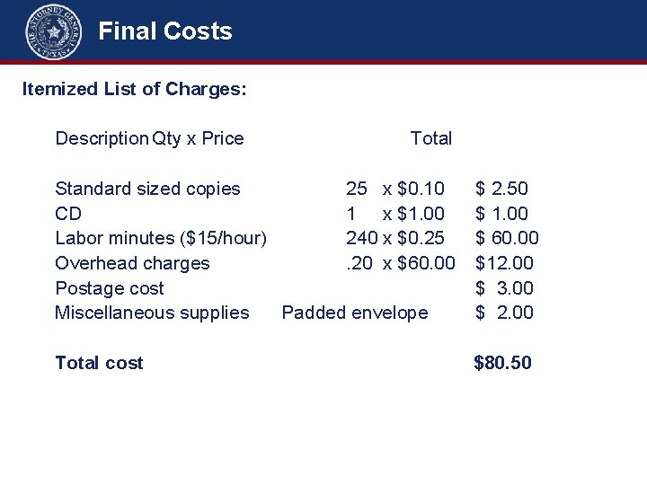 Final Costs Itemized List of Charges: Description Qty x Price Total Standard sized copies