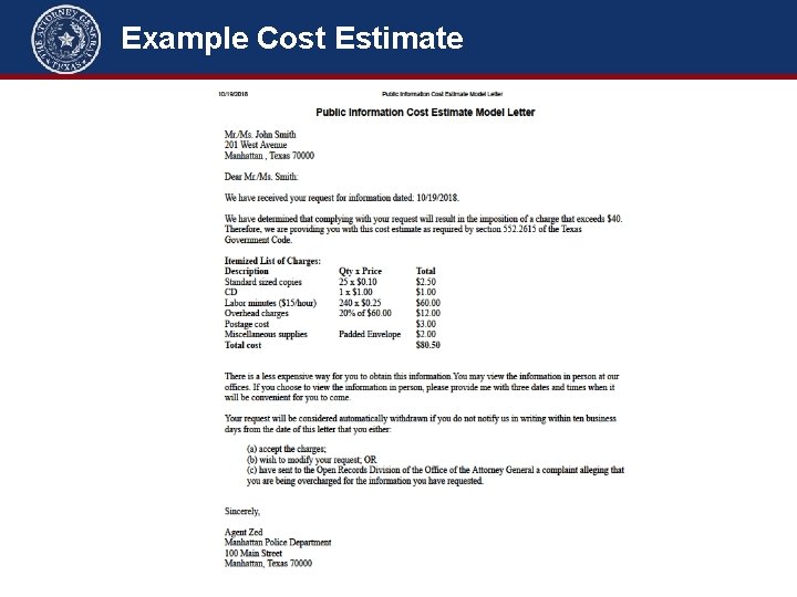 Example Cost Estimate 