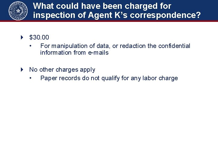 What could have been charged for inspection of Agent K’s correspondence? 4 $30. 00