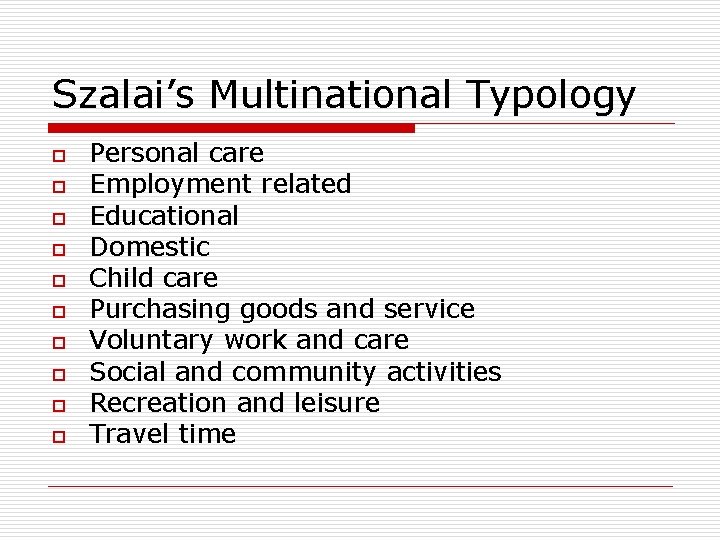 Szalai’s Multinational Typology o o o o o Personal care Employment related Educational Domestic