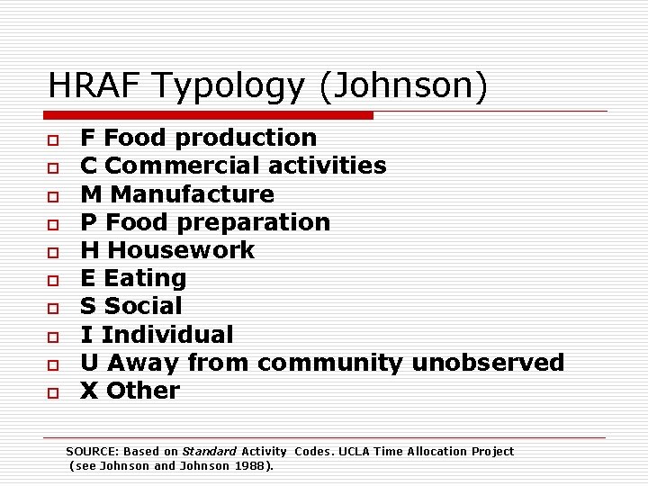 HRAF Typology (Johnson) o o o o o F Food production C Commercial activities