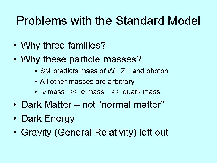 Problems with the Standard Model • Why three families? • Why these particle masses?