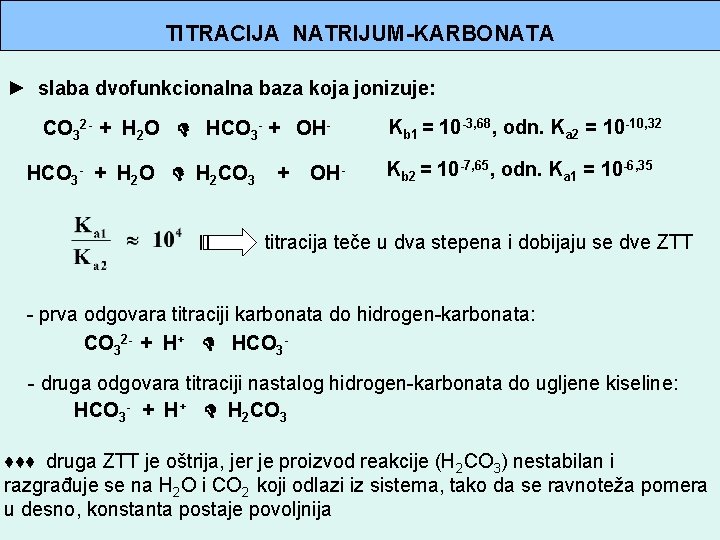TITRACIJA NATRIJUM-KARBONATA ► slaba dvofunkcionalna baza koja jonizuje: CO 32 - + H 2