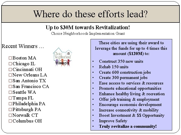 Where do these efforts lead? Up to $30 M towards Revitalization! Choice Neighborhoods Implementation