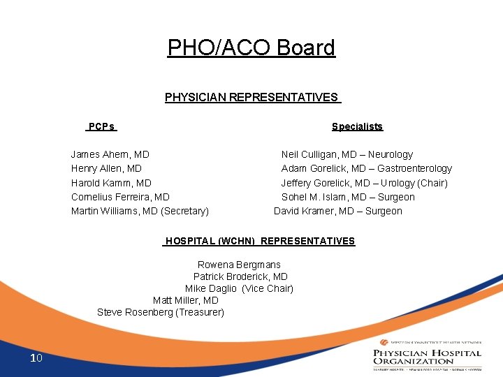 PHO/ACO Board PHYSICIAN REPRESENTATIVES PCPs Specialists James Ahern, MD Henry Allen, MD Harold Kamm,