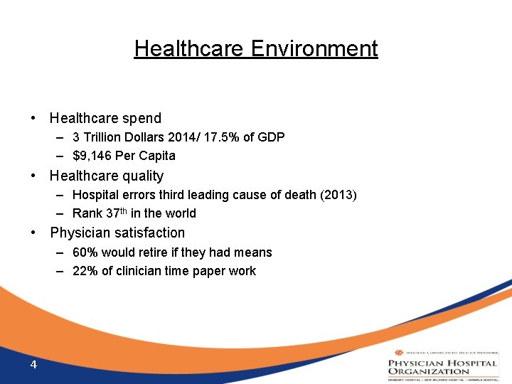 Healthcare Environment • Healthcare spend – 3 Trillion Dollars 2014/ 17. 5% of GDP