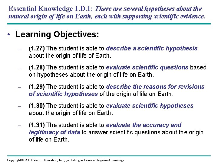 Essential Knowledge 1. D. 1: There are several hypotheses about the natural origin of