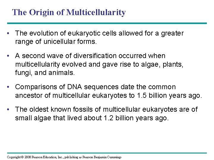 The Origin of Multicellularity • The evolution of eukaryotic cells allowed for a greater