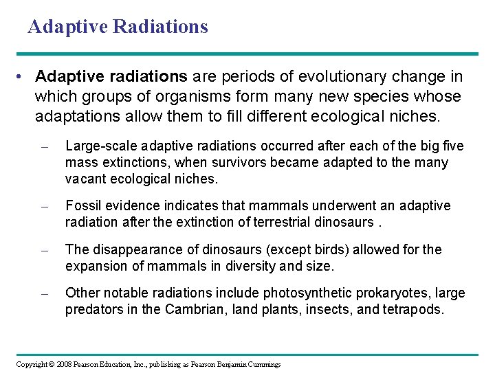 Adaptive Radiations • Adaptive radiations are periods of evolutionary change in which groups of