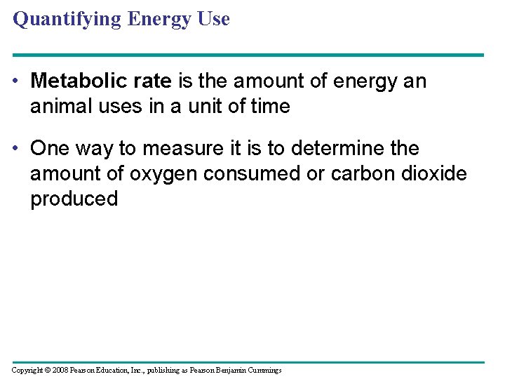 Quantifying Energy Use • Metabolic rate is the amount of energy an animal uses