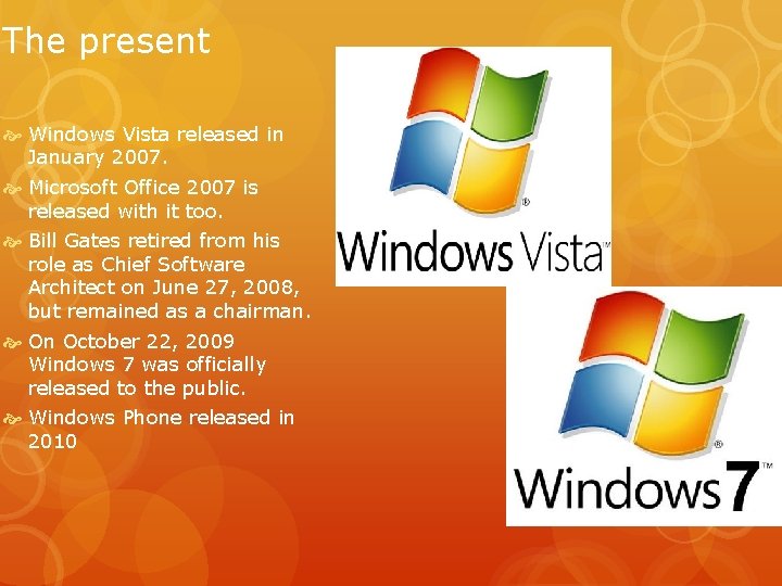 The present Windows Vista released in January 2007. Microsoft Office 2007 is released with