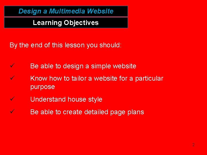 Design a Multimedia Website Learning Objectives By the end of this lesson you should: Design a Multimedia Website Learning Objectives By the end of this lesson you should:
