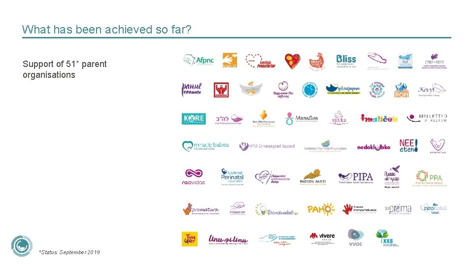 What has been achieved so far? Support of 51* parent organisations *Status: September 2019