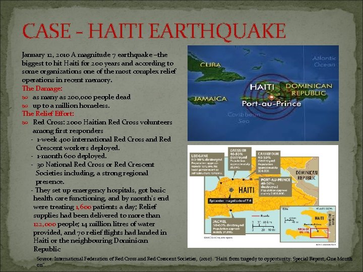 CASE - HAITI EARTHQUAKE January 12, 2010 A magnitude 7 earthquake –the biggest to
