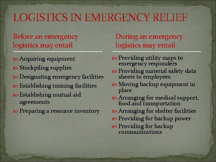 LOGISTICS IN EMERGENCY RELIEF Before an emergency logistics may entail Acquiring equipment Stockpiling supplies