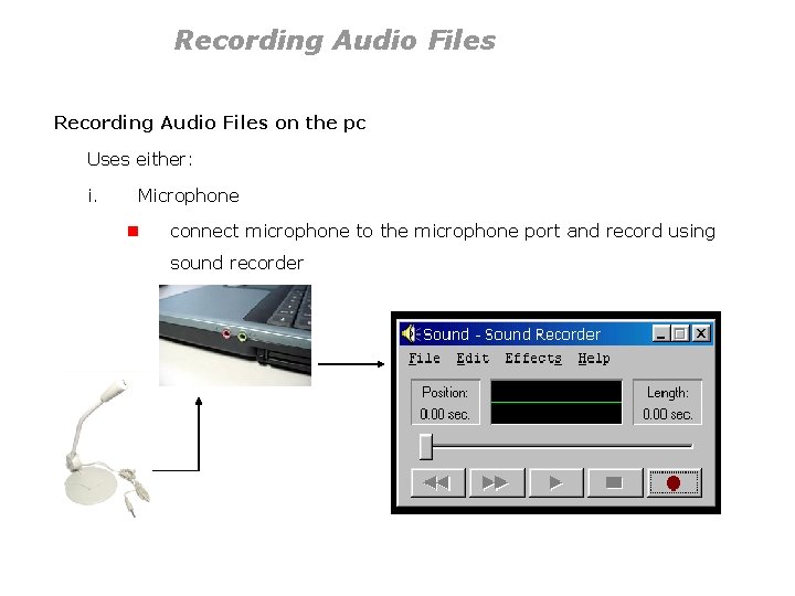 Recording Audio Files on the pc Uses either: i. Microphone n connect microphone to