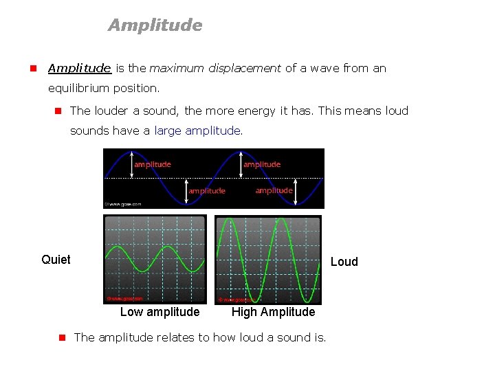 Amplitude n Amplitude is the maximum displacement of a wave from an equilibrium position.