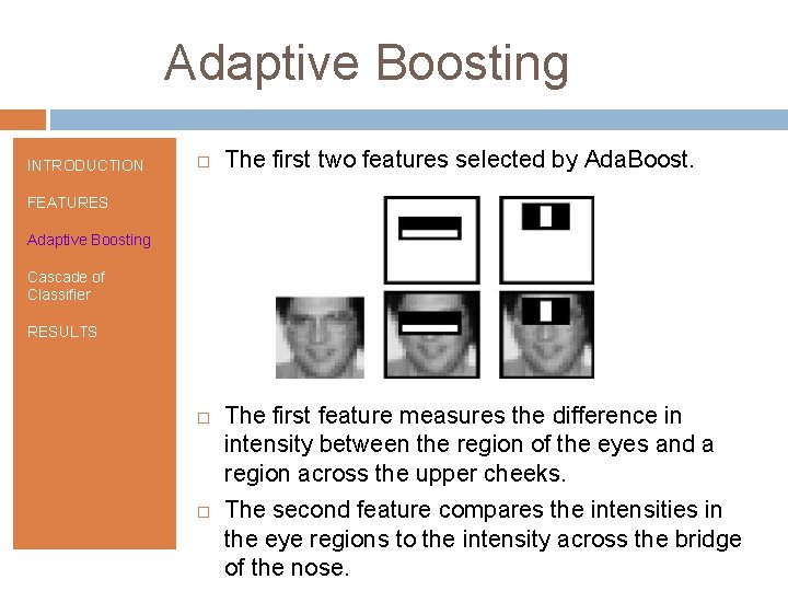 Adaptive Boosting INTRODUCTION The first two features selected by Ada. Boost. FEATURES Adaptive Boosting