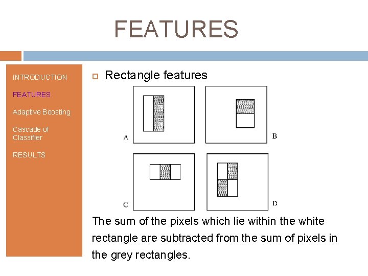 FEATURES INTRODUCTION Rectangle features FEATURES Adaptive Boosting Cascade of Classifier RESULTS The sum of
