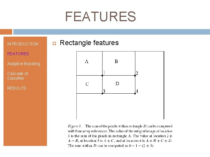 FEATURES INTRODUCTION FEATURES Adaptive Boosting Cascade of Classifier RESULTS Rectangle features 