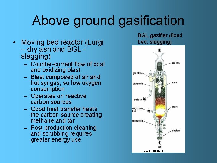 Above ground gasification • Moving bed reactor (Lurgi – dry ash and BGL -