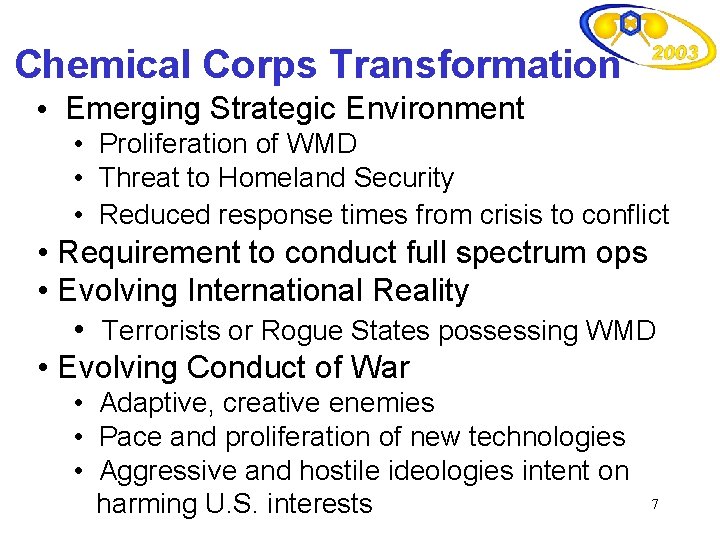 Chemical Corps Transformation • Emerging Strategic Environment • Proliferation of WMD • Threat to