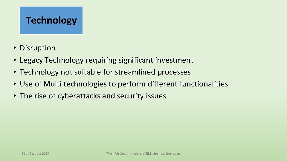 Technology • • • Disruption Legacy Technology requiring significant investment Technology not suitable for