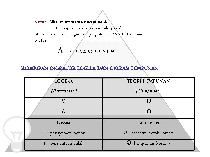 Contoh : Misalkan semesta pembicaraan adalah U = himpunan semua bilangan bulat posotif. Jika