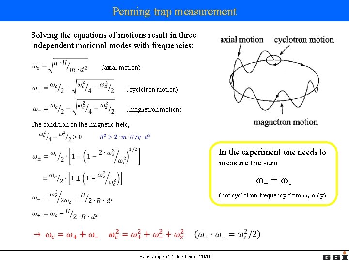 Penning trap measurement Solving the equations of motions result in three independent motional modes