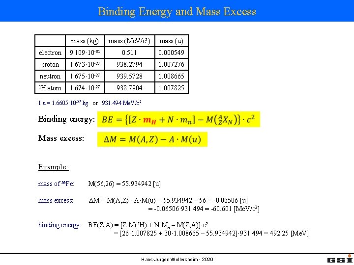 Binding Energy and Mass Excess mass (kg) mass (Me. V/c 2) mass (u) electron