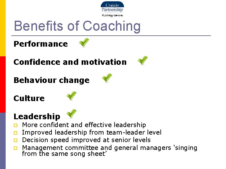 Benefits of Coaching Performance Confidence and motivation Behaviour change Culture Leadership More confident and