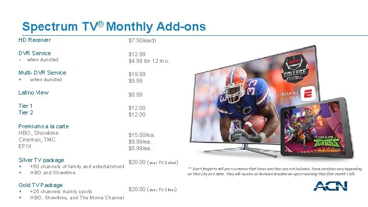 Spectrum TV® Monthly Add-ons HD Receiver $7. 50/each DVR Service $12. 99 $4. 99