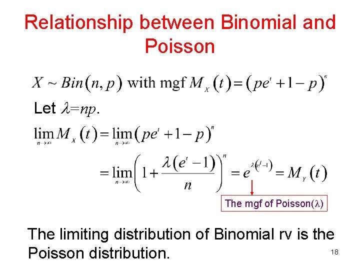 Relationship between Binomial and Poisson Let =np. The mgf of Poisson( ) The limiting