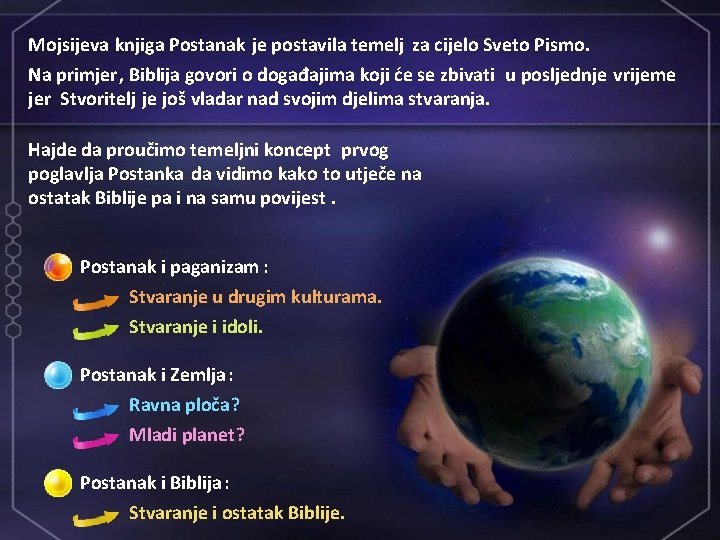 Mojsijeva knjiga Postanak je postavila temelj za cijelo Sveto Pismo. Na primjer, Biblija govori