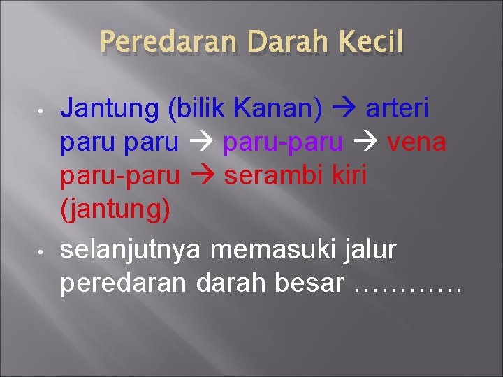 Peredaran Darah Kecil • • Jantung (bilik Kanan) arteri paru-paru vena paru-paru serambi kiri