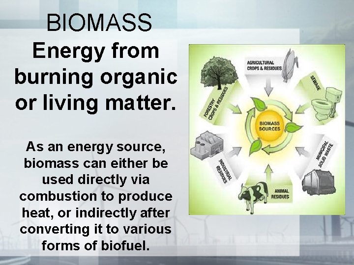 BIOMASS Energy from burning organic or living matter. As an energy source, biomass can